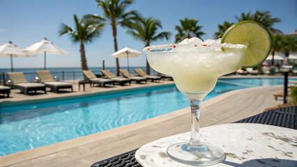 Tropical Poolside Margarita with Lime Garnish. Clear blue water, palm trees, sun loungers. Refreshing vacation cocktail. Sunny resort ambiance. Chilled glass with salt rim. Relaxation and paradise.
