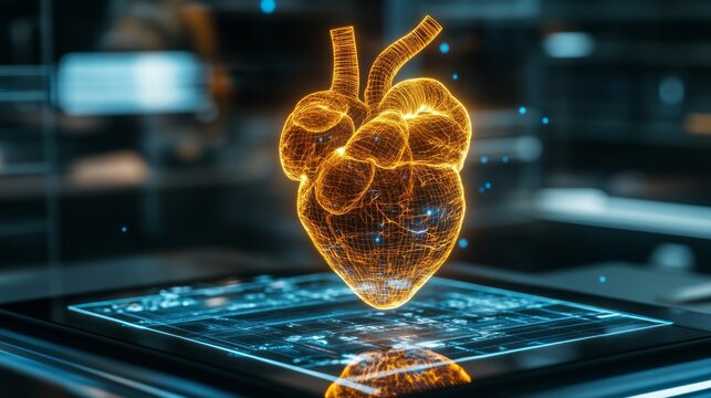 Digital representation of a human heart on a technological surface.