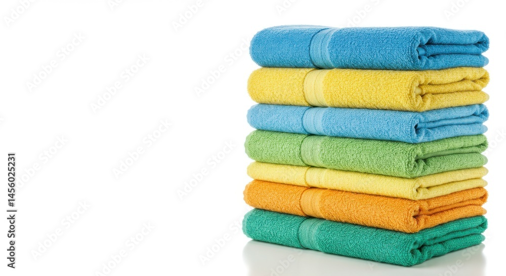 Poster a stack of folded colorful towels on a white background in a studio setting with soft lighting