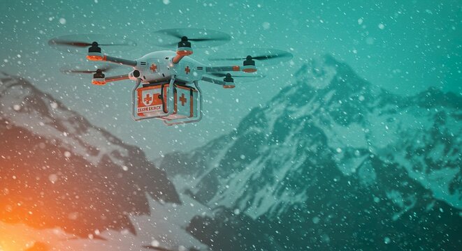 Drone delivering emergency medical supplies in snowy mountain area