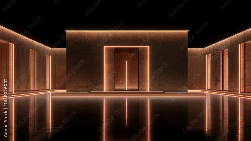 Poster a futuristic building with a large central door and a smaller one on each side.