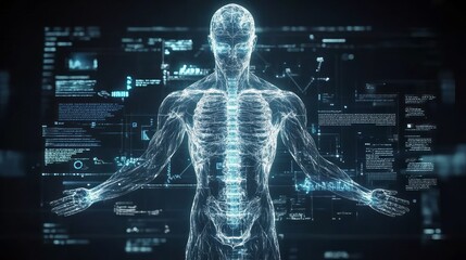 Digital representation of the human anatomy overlaid with data streams.