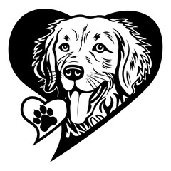 Golden Retriever, Head in Heart, Hand Drawn Vector Illustration
