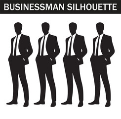 A set of silhouettes of business professionals wearing suits, showcasing a variety of standing poses, symbolizing corporate success and leadership.