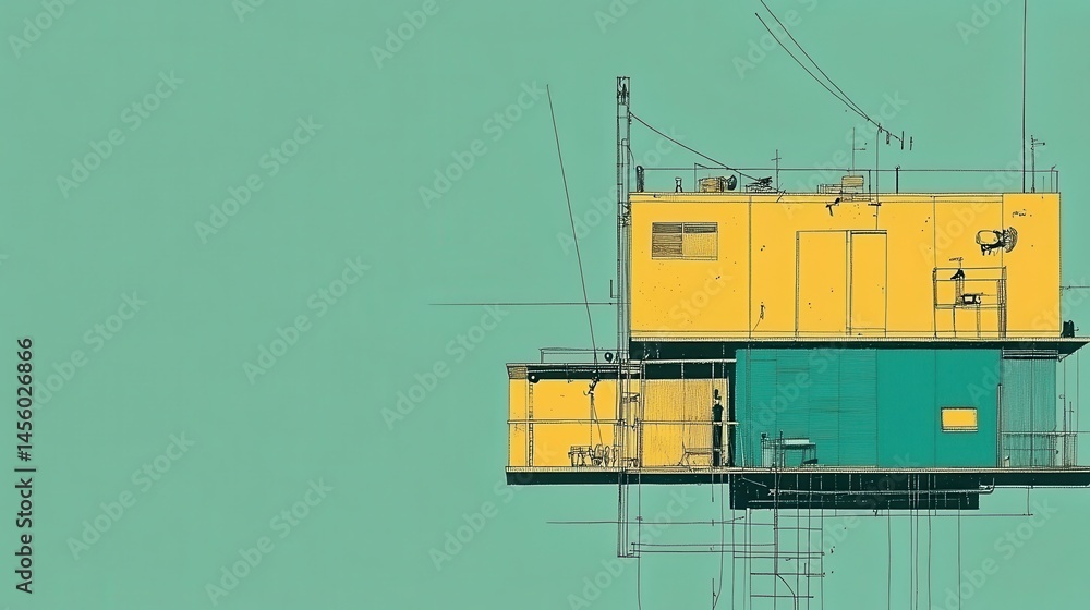 Poster abstract architectural composition with teal sky yellow and green structure distinctive modern minim