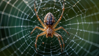 Intricate Spider Web A Close-Up of a Spider in its Delicate, Shimmering Web