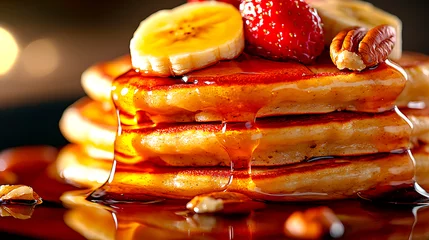 Golden Brown Pancakes Stacked with Maple Syrup Bananas and Nuts