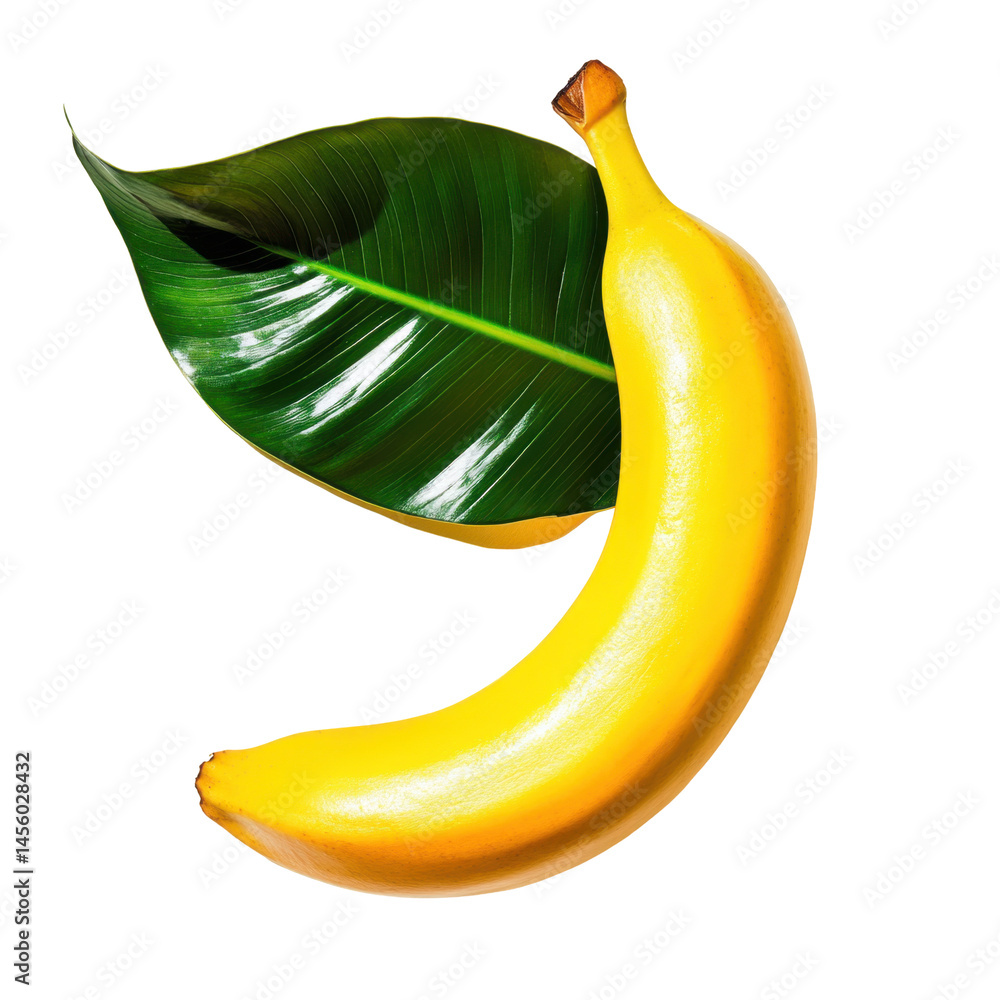 Poster bright yellow banana placed next to a large green leaf in a simple setup with clean background