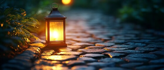 Lantern illuminates cobblestone path, creating serene atmosphere with warm light, blurred background enhancing romantic ambiance.