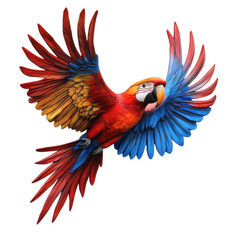 Fototapeta premium Colorful parrot soaring gracefully in mid-air against a neutral background