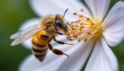 Macro Photography Bee Collecting Nectar from a Flower, Detailed View of Fuzzy Body and Pollen-Covered Legs