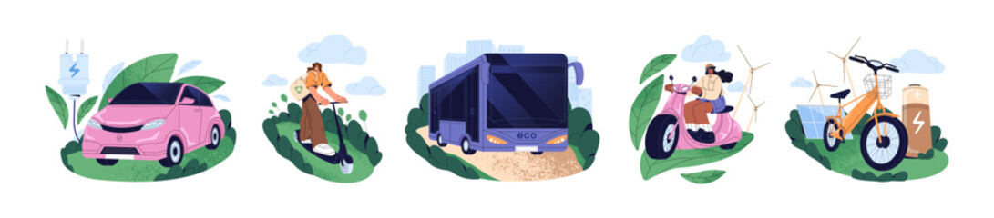 Eco clean green vehicle set. Electric public transport, electro cars, modern scooters and bikes on sustainable energy. People drive and save ecology. Flat isolated vector illustrations on white © Paper Trident