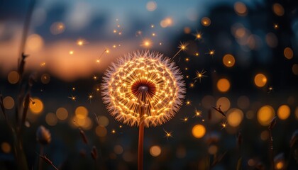 Enchanted Dandelion Firefly Dusk Magic, Whimsical Nature Photography