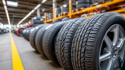 Multiple rows of new car tires are neatly arranged in a warehouse. The spacious interior allows for easy access to products and efficient movement within the facility