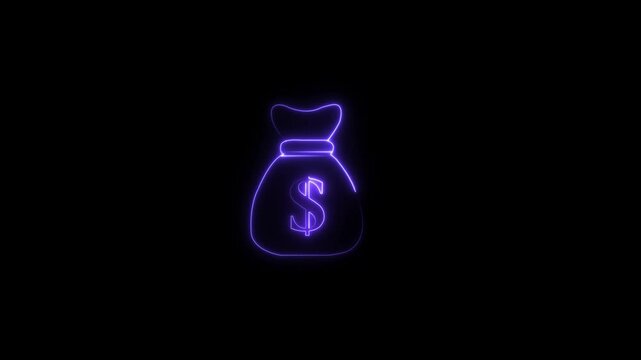 Abstract beautiful Purple neon capitalist dollar icon animation Glowing neon line money bag icon isolated on black background