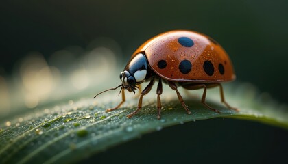 Fototapeta premium Macro Photography A Stunning Ladybug on a Dew-Kissed Leaf