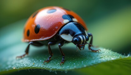 Fototapeta premium Macro Photography A Stunning Close-Up of a Ladybug on a Leaf, Showcasing its Intricate Details and Vibrant Colors
