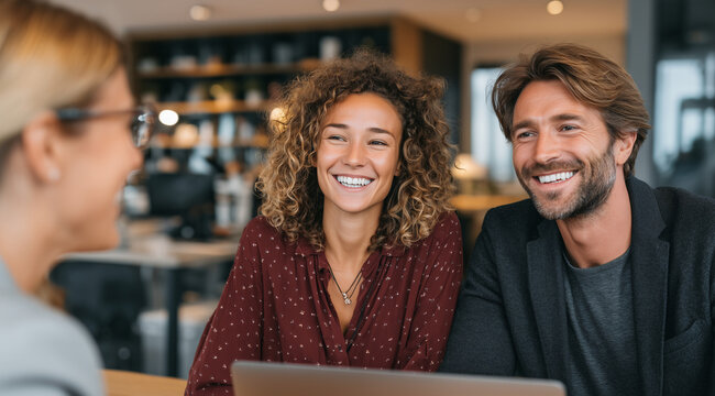 Happy young couple with a female real estate agent looking at business ideas near a laptop, meeting with a worker team discussing a project plan, sitting in an office room together