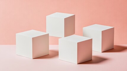 Fototapeta premium Four white cubes arranged on a pale pink surface.
