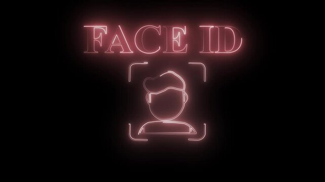 Glowing Face ID Icon  With FACEID text in HD Video Neon Animation &ndash; Biometric and Security Symbol on Black Background.
