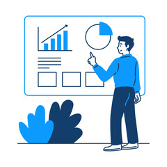 Business Plan Presentation, Vector Illustration of a Man Analyzing Graphs and Charts