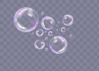 Colorful soap bubbles on a transparent background. Bright, dreamy bubbles with a rainbow gradient effect. Realistic soap bubble element vector set. Vector