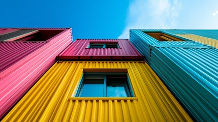 Colorful shipping containers modern architecture design building exterior sky pink blue teal wall