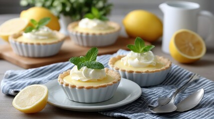 Delightful lemon tarts with whipped cream presented elegantly on a plate in a soft-lit setting ideal for dessert lovers