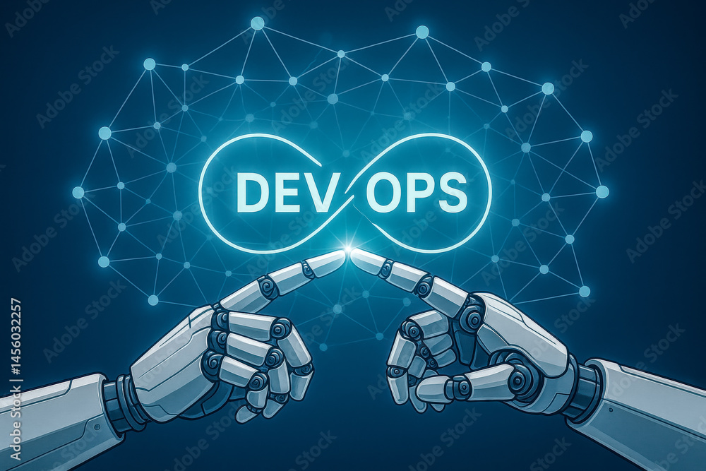 Poster artificial intelligence robot hands connect in glowing gesture over infinity devops symbol digital t