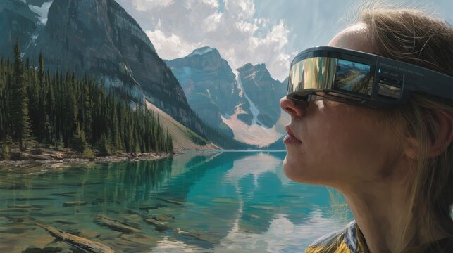 Woman Viewing Scenic Mountains and Lake Through AR Smart Glasses