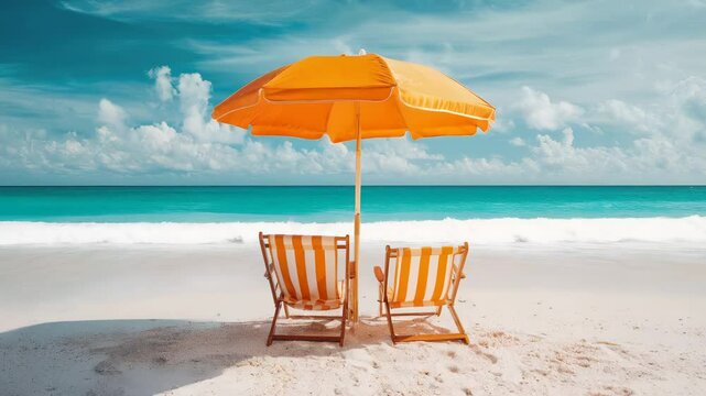 Two striped beach chairs sit under an orange umbrella on white sand facing the turquoise ocean.
Concept of seaside escape, summer relaxation.