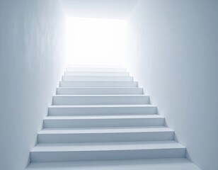 Fototapeta premium A white staircase ascends toward a bright, glowing light, creating a minimalist and ethereal atmosphere.