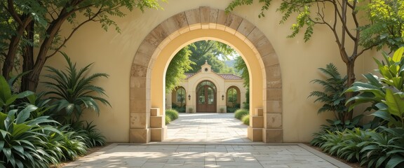 Serene Stone Archway Entrance A Tranquil Garden Path to a Mediterranean-Style Villa