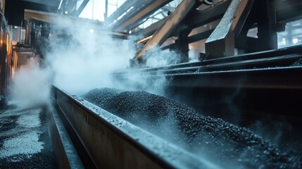 Industrial asphalt production steaming hot asphalt mixture granules heat dark road work blue grey