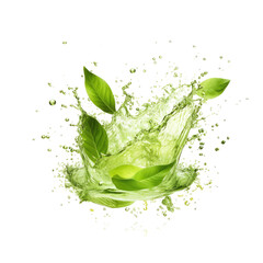 Green Tea Splash with Fresh Tea Leaf Isolated on White Background