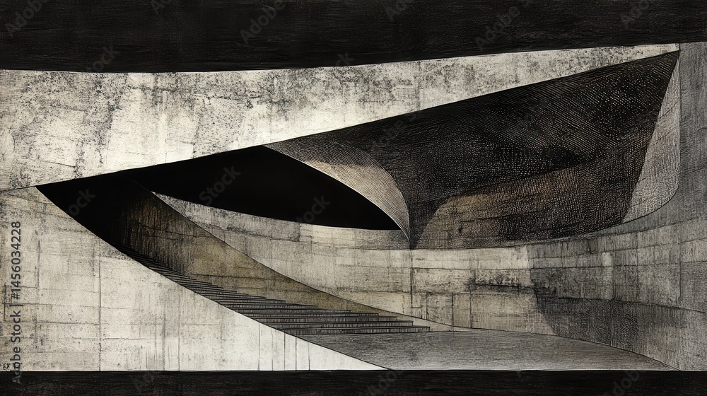 Poster abstract grunge monochromatic shapes contrasting textures and angular forms with industrial aestheti