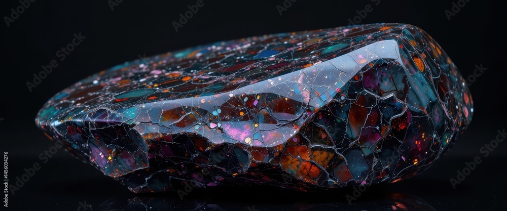 Poster spectacular polished obsidian stone a vibrant display of reflective surfaces and intricate patterns