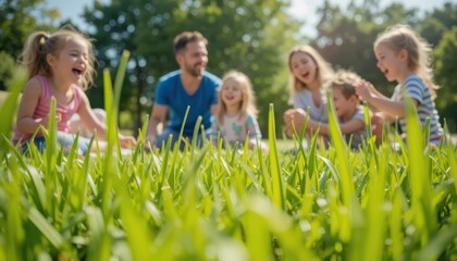 Fototapeta premium Joyful Family Playing Games on Lush Green Grass A Sunny Day of Laughter and Fun
