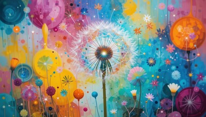 Whimsical Dandelion Dreamscape A Vibrant Abstract Painting of Nature's Magic