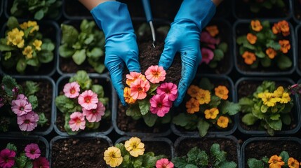 Brightly colored blooming flowers in neatly aligned beds being planted by unseen hands wearing blue gloves with visible trowel and soft soil texture,


