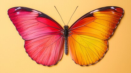 Fototapeta premium Natural macro shot and insects concept. Vibrant butterfly with red and yellow wings on a yellow background.