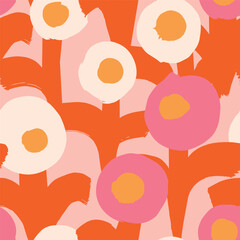 Seamless Hand Drawn Abstract Floral Pattern. Bold Retro Flowers in Pink, Beige, Green, Yellow and Black. Vintage Style Repeat for Fabric and Wallpaper
