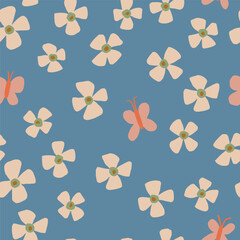 Seamless Pattern with Flowers and Butterflies on Blue Background. Hand Drawn Cute Spring and Summer Design
