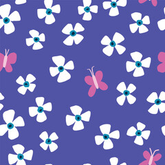 Seamless Pattern with Flowers and Butterflies on Blue Background. Hand Drawn Cute Spring and Summer Design
