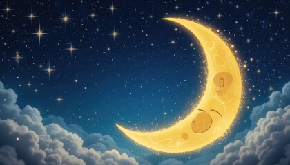Fototapeta premium Whimsical Smiling Crescent Moon in Sparkling Night Sky A Cute Celestial Illustration