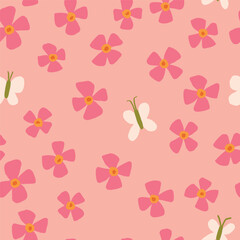 Seamless Pattern with Flowers and Butterflies on Pink Background. Hand Drawn Cute Spring and Summer Design
