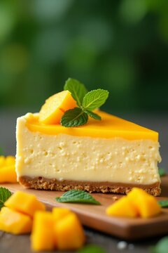 tropical dessert scene featuring a slice of creamy mango cheesecake with a glossy finish, surrounded by fresh mango chunks and mint leaves, set against a lush green backdrop