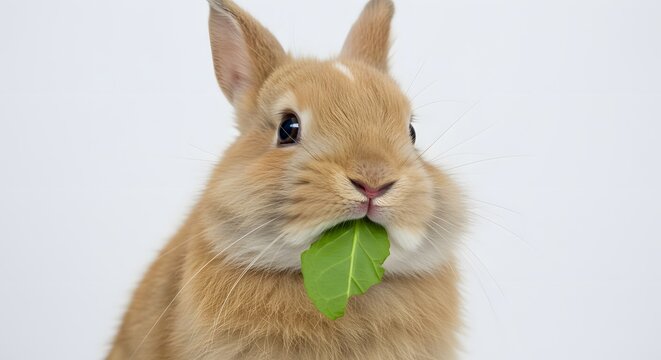 AI image. Close-up portrait of an adorable fluffy brown rabbit eating a fresh green leaf held gently in its mouth. Isolated background.