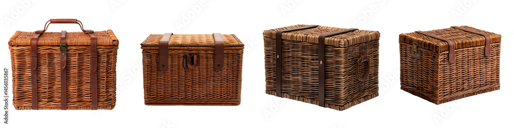 Poster assortment of rustic wicker baskets and containers for storage and picnics