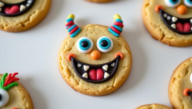 a whimsical cookie featuring a friendly monster with a wide grin, brightly colored eyes, and playful horns, all atop a delicious, buttery sugar cookie base.